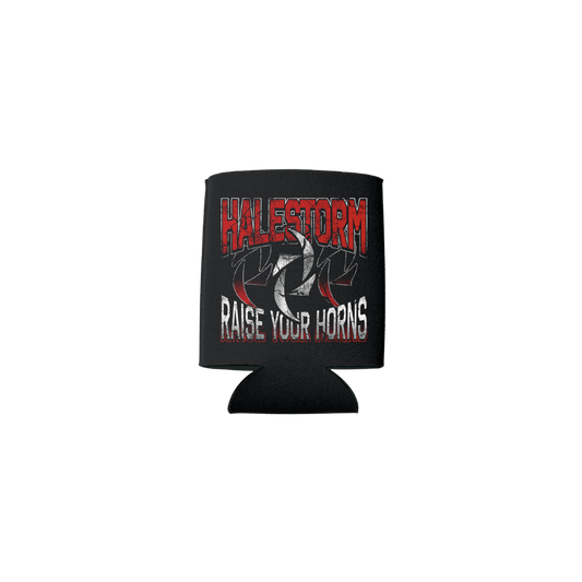 Black drink cooler sleeve with ’Halestorm’ and ’Raise Your Horns’ text in red and white.
