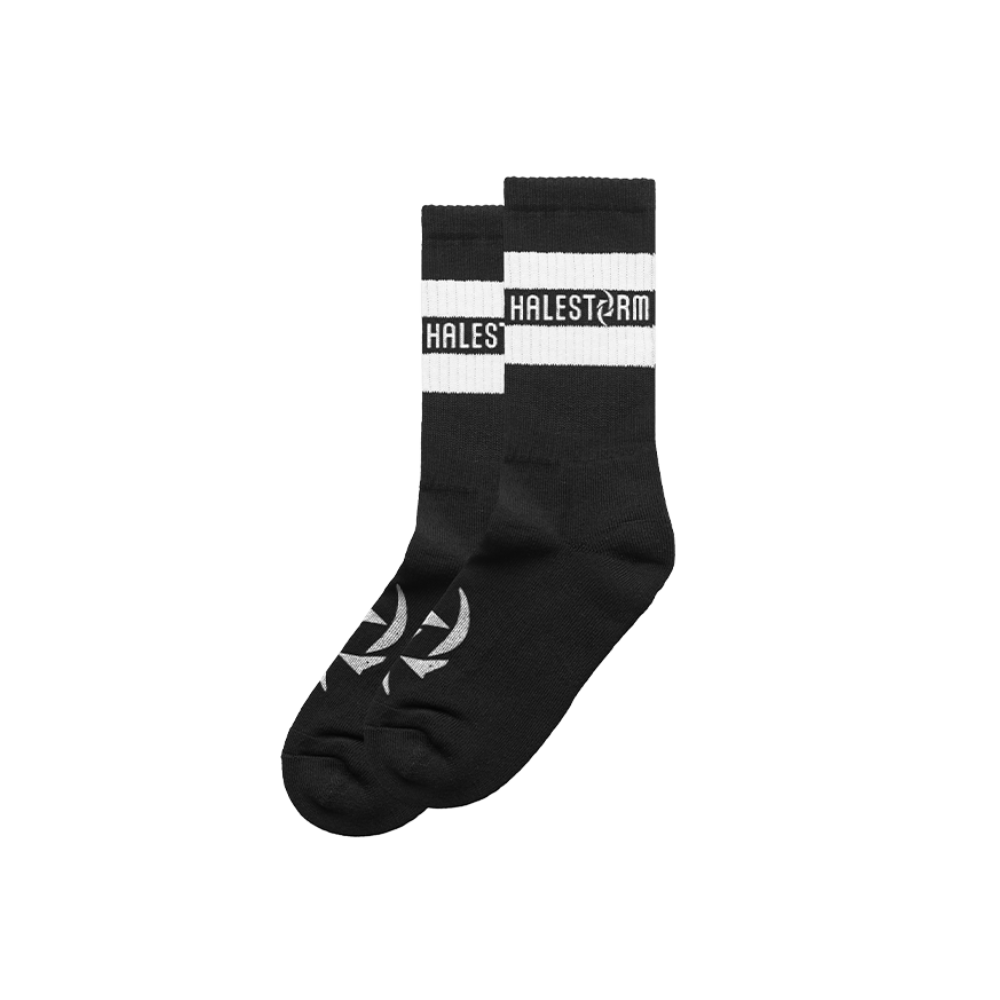 Black socks with ’HALESTORM’ branding and a white stripe design.