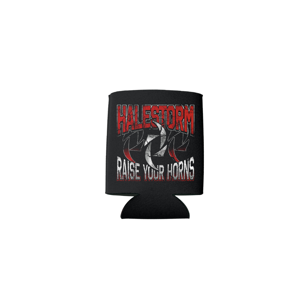 Black drink cooler sleeve with ’Halestorm’ and ’Raise Your Horns’ text in red and white.