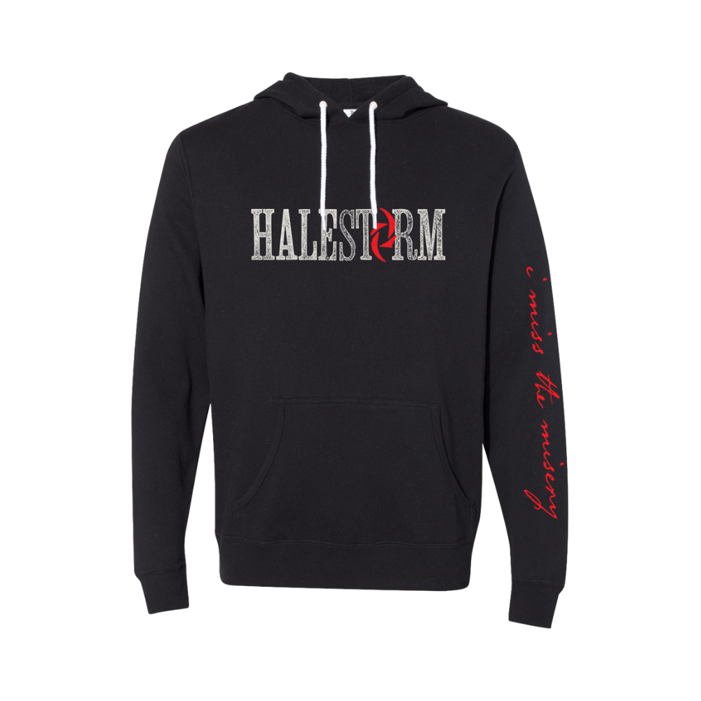 Black hoodie with ’HALESTORM’ printed on the front and text on the sleeve.