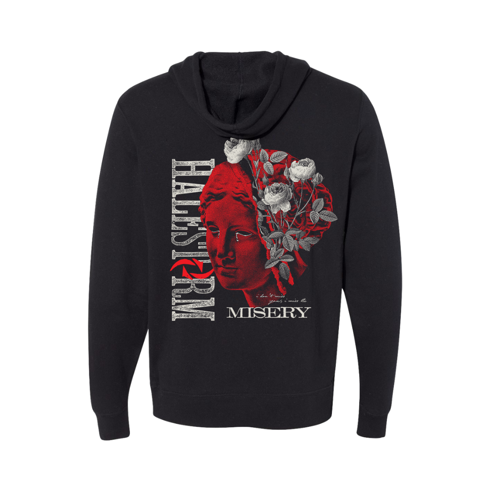 Black hoodie sweatshirt with a red and white graphic design featuring a face and flowers.