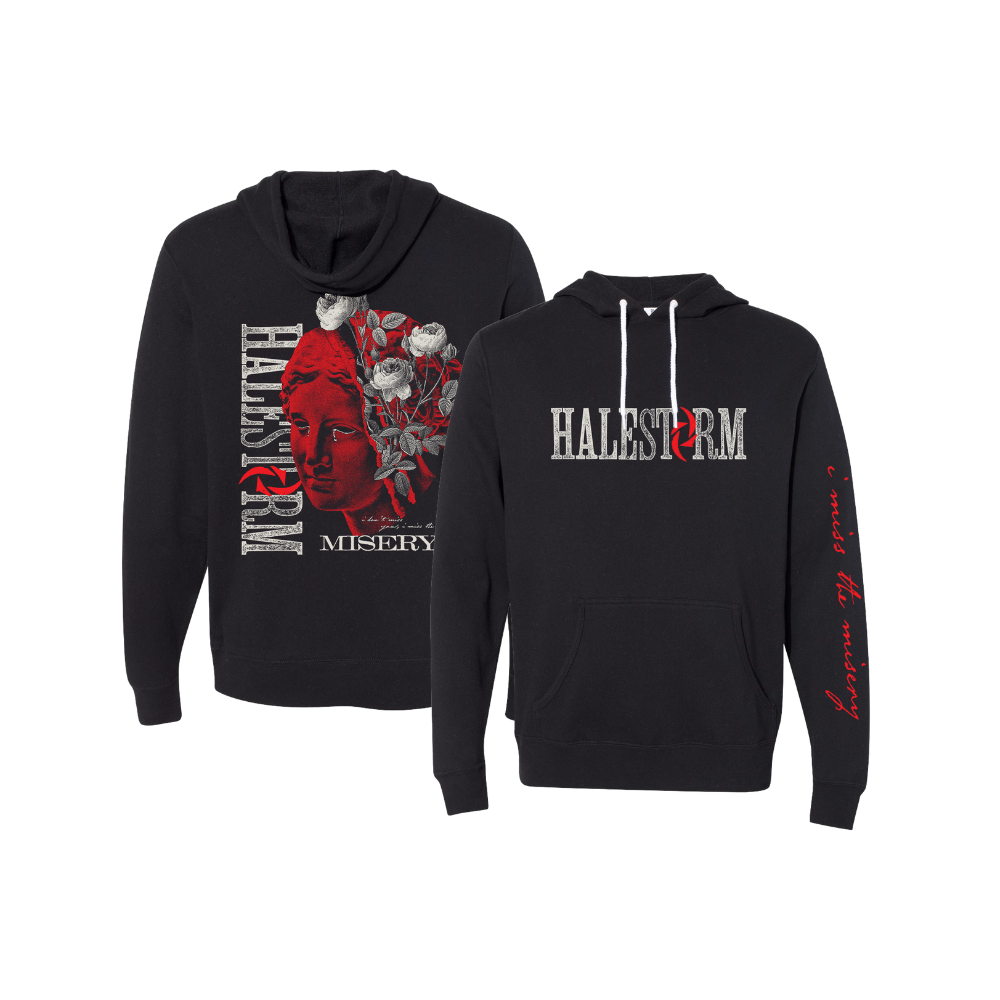 Black hooded sweatshirt with ’Halestorm’ band logo and artwork.