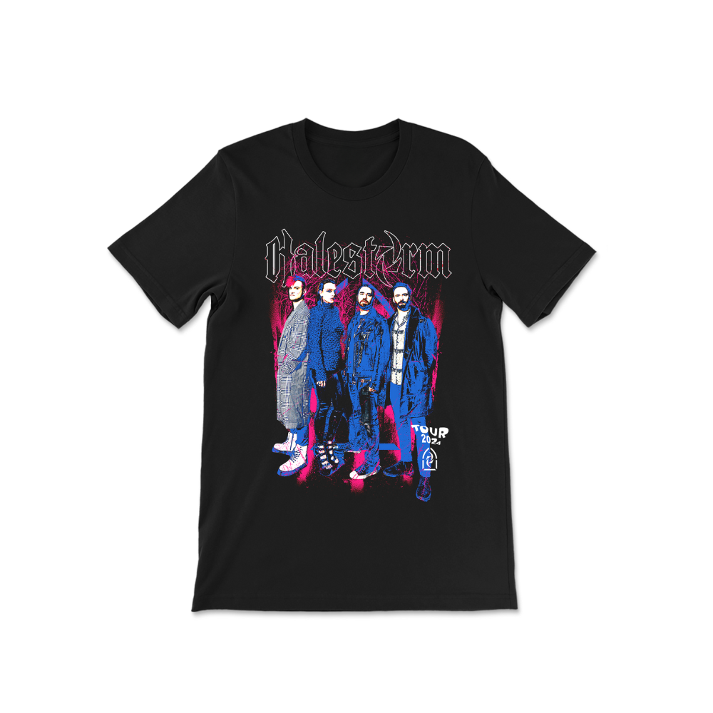 Black t-shirt featuring a rock band design with ’Halestorm’ text and four band members in colorful outfits.