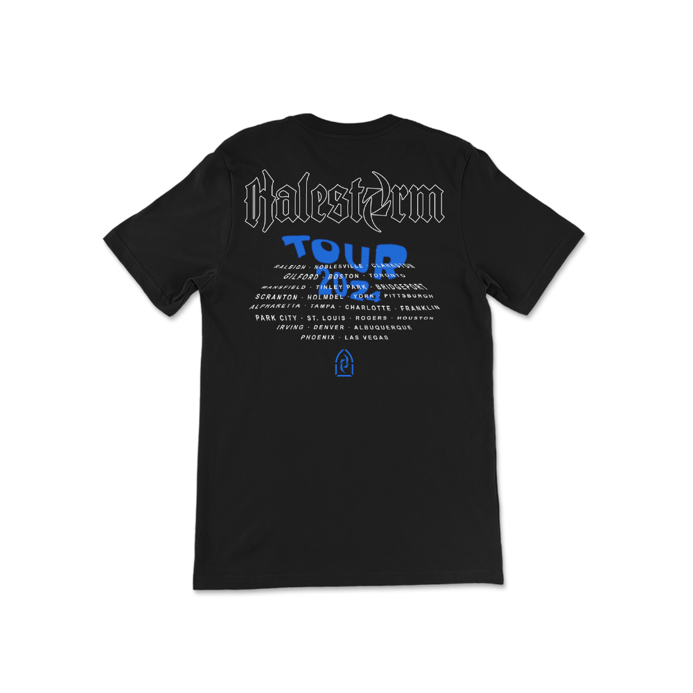 Black t-shirt with ’Halestorm Tour’ text and list of cities printed on the back.