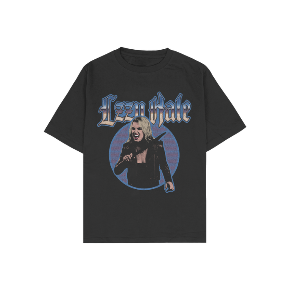 Black t-shirt featuring a graphic design of a blonde woman singing with ’Lizzy Bale’ text above.