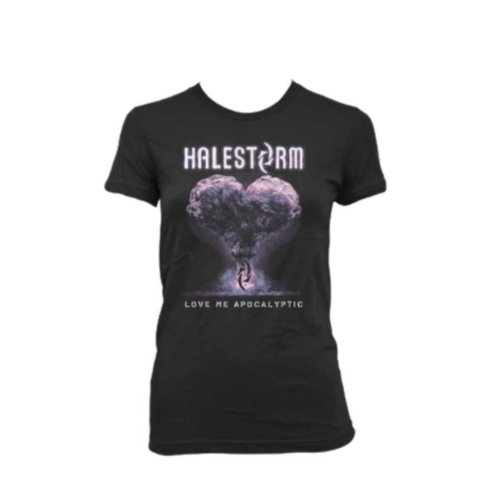 Black t-shirt featuring the Halestorm band logo and ’Love Me Apocalyptic’ artwork with a heart-shaped explosion.